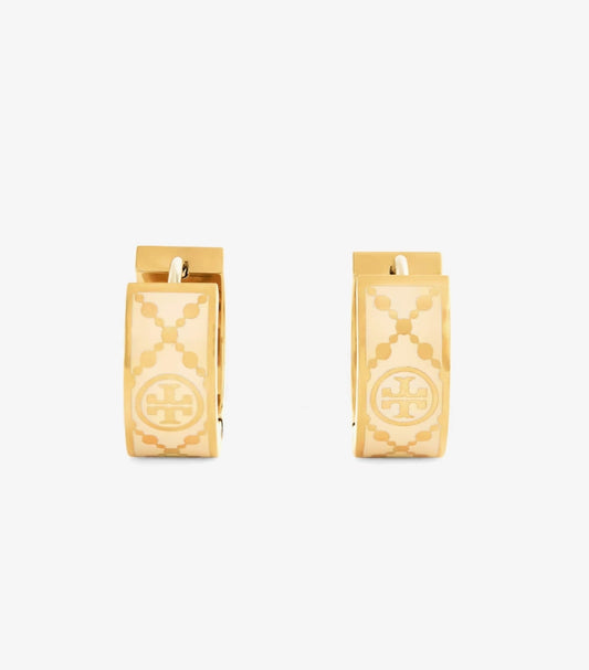 TORY BURCH WHITE AND GOLD T-MONOGRAM HUGGIE EARRINGS