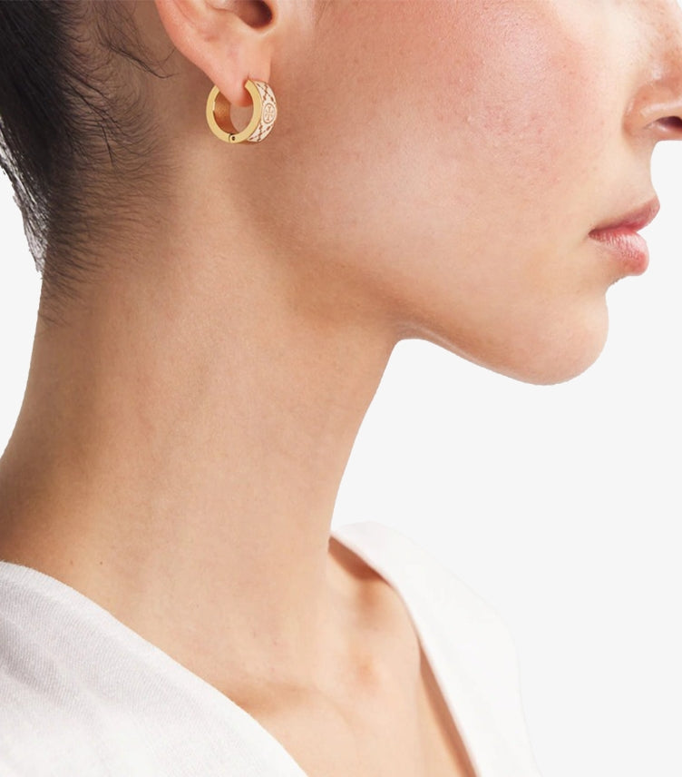 TORY BURCH WHITE AND GOLD T-MONOGRAM HUGGIE EARRINGS
