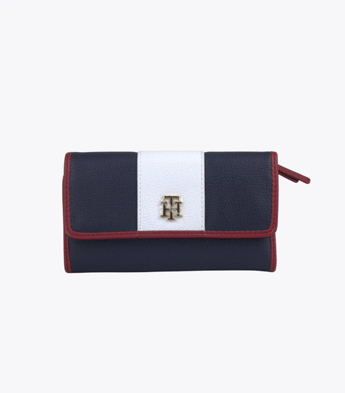 Tommy Hilfiger stripe detail continental wallet navy red white colour block with metallic logo plaque front view