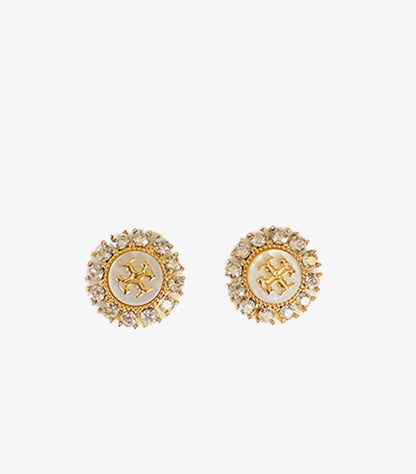 TORY BURCH KIRA CRYSTAL & MOTHER OF PEARL LOGO STUD EARRINGS
