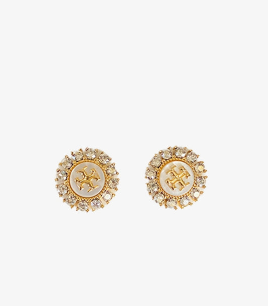 TORY BURCH KIRA CRYSTAL & MOTHER OF PEARL LOGO STUD EARRINGS