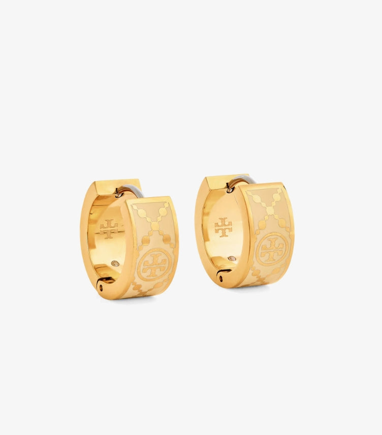 TORY BURCH WHITE AND GOLD T-MONOGRAM HUGGIE EARRINGS