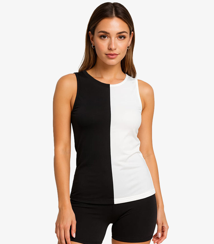 SHAIN HALF AND HALF WOMENS TANK TOP BLACK AND WHITE SPLIT DESIGN