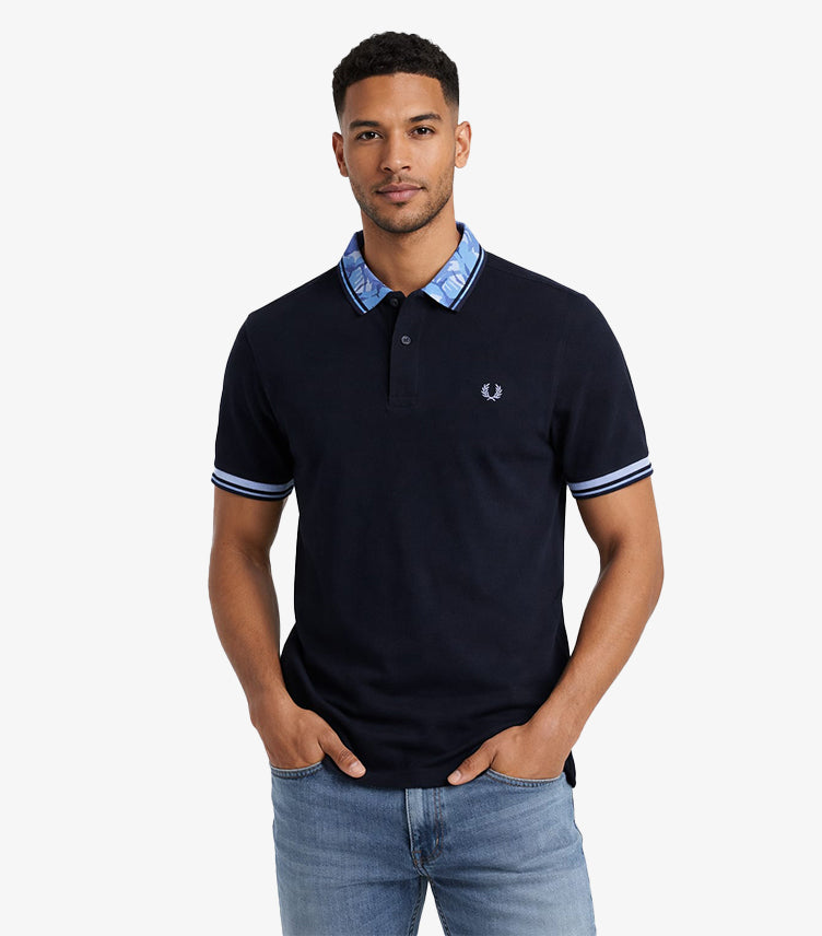 MEN'S FRED PERRY NAVY POLO WITH PATTERNED COLLAR