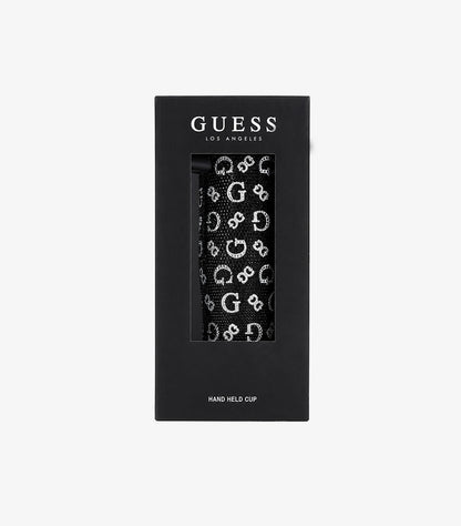 Guess black rhinestone logo hand-held cup displayed in branded Los Angeles retail packaging