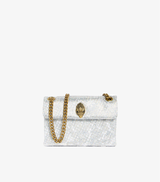 Kurt Geiger London Kensington Mini Bag in Silver Iridescent Crystal Sequin with Iconic KGL Antique Gold Eagle Head Clasp and Gold Curb Chain Strap – Front Product View White Background