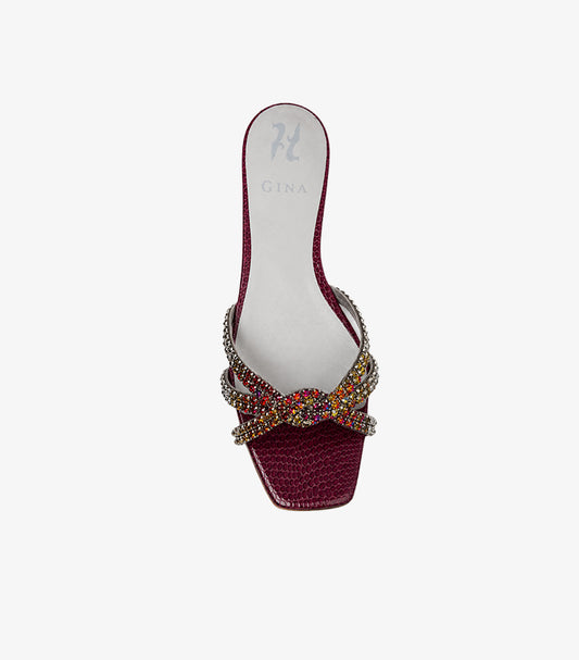 Top view of GINA burgundy square-toe sandal featuring a multicoloured crystal knot design