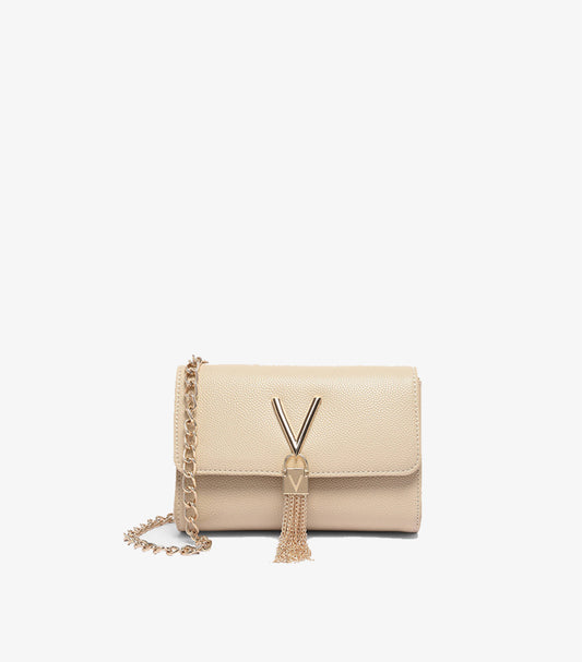 Front view of Valentino by Mario Valentino ivory crossbody bag with V-logo clasp, chain tassel and gold strap
