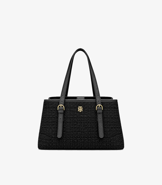 Tommy Hilfiger Black Monogram Tote Shoulder Bag featuring signature patterned exterior, gold-tone logo and buckle strap detailing.
