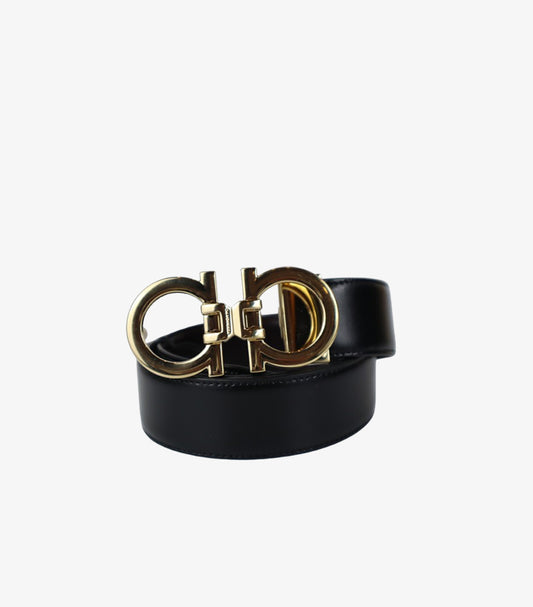 FERRAGAMO GANCINI LOGO LEATHER BELT – BLACK & GOLD