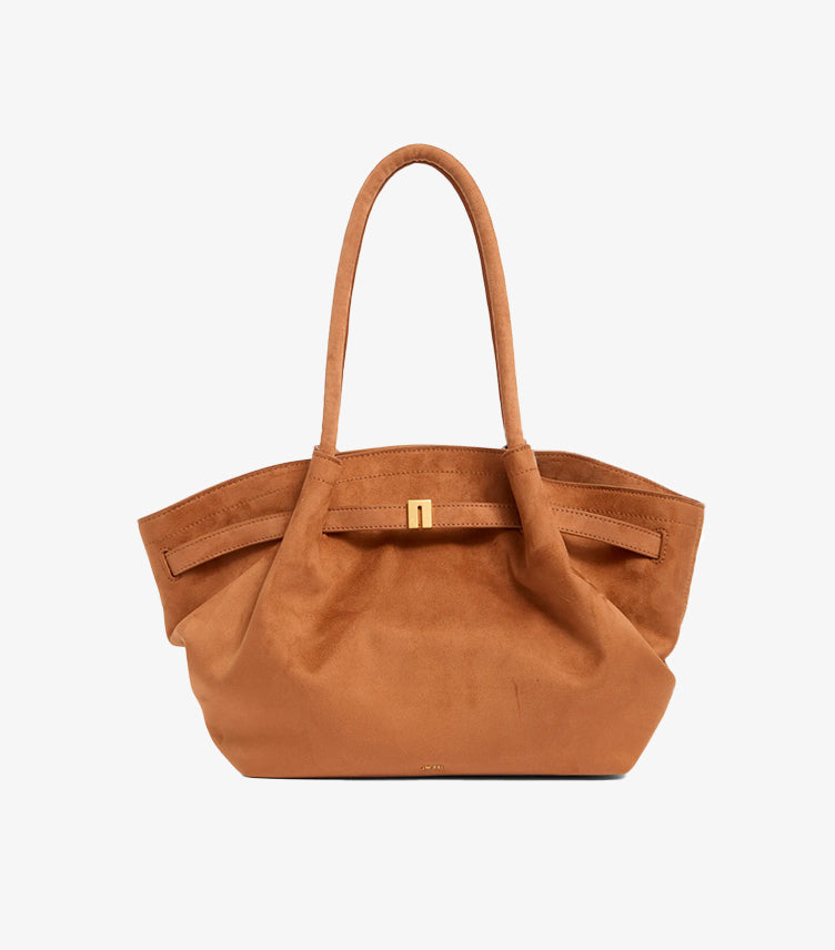 Front view of JW PEI Hana faux-suede tote with elongated handles, expandable sides and polished hardware