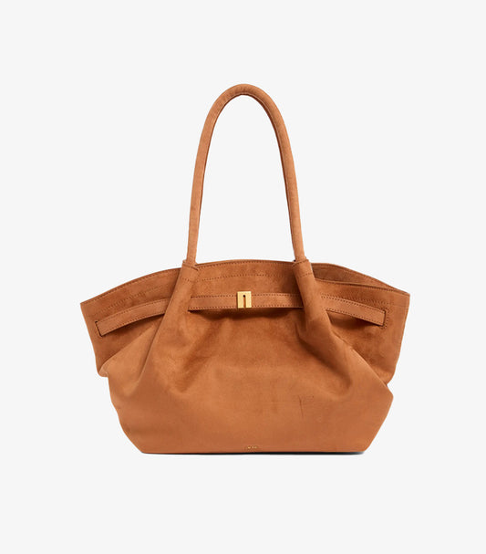Front view of JW PEI Hana faux-suede tote with elongated handles, expandable sides and polished hardware