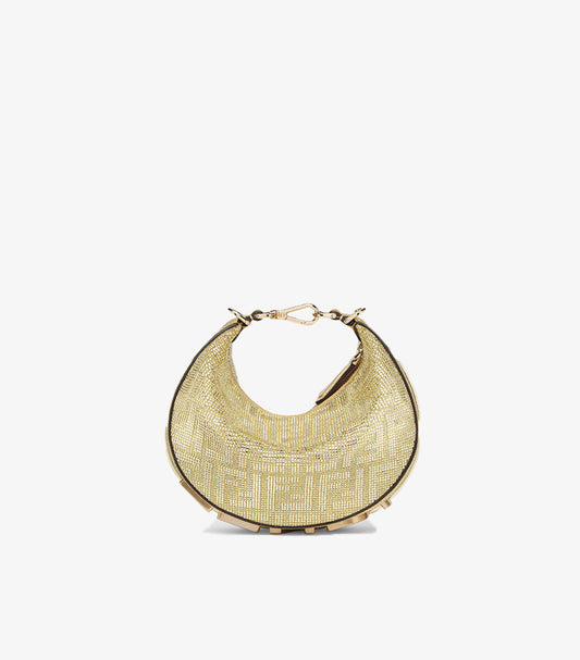 FENDI MINI CHAMPAGNE-COLOURED SUEDE MINI-BAG WITH FF IN CRYSTALS AND STUD