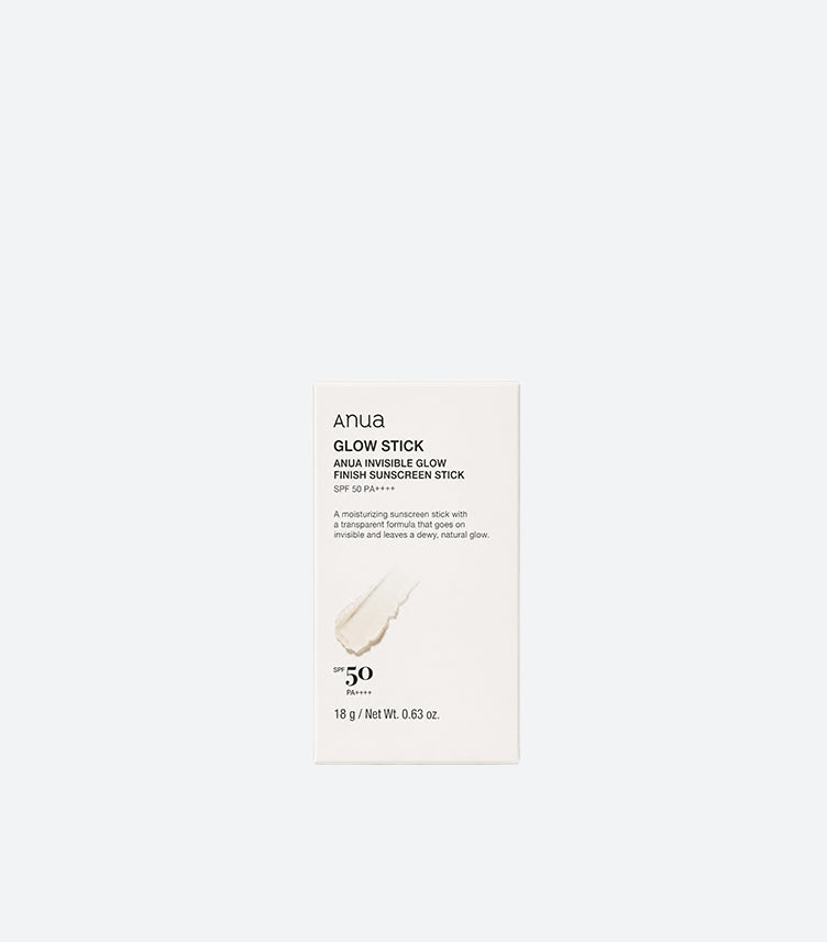 Anua Glow Stick SPF 50 PA++++ 18g White Product Box with Texture Swatch Showing Transparent Invisible Formula for Dewy Natural Glow Finish – K-Beauty Korean Sunscreen Stick