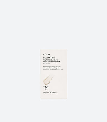 Anua Glow Stick SPF 50 PA++++ 18g White Product Box with Texture Swatch Showing Transparent Invisible Formula for Dewy Natural Glow Finish – K-Beauty Korean Sunscreen Stick