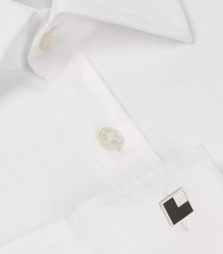 Montblanc black square cufflinks worn on white dress shirt