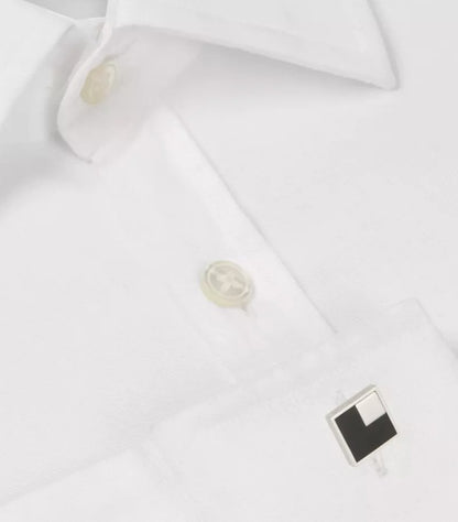 Montblanc black square cufflinks worn on white dress shirt