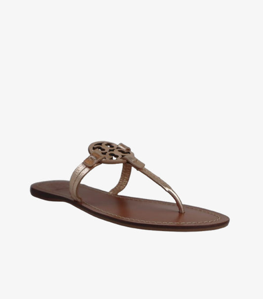TORY BURCH WOMEN’S MILLER METALLIC LEATHER SLIDE SANDALS – BROWN & GOLD