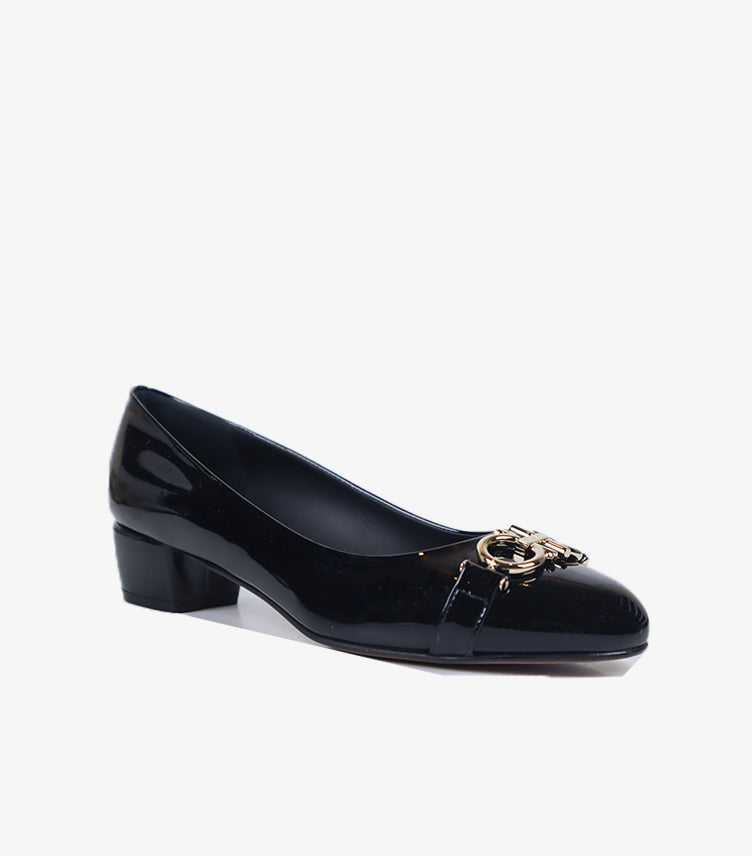 FERRAGAMO PATENT LEATHER BLOCK HEEL PUMPS