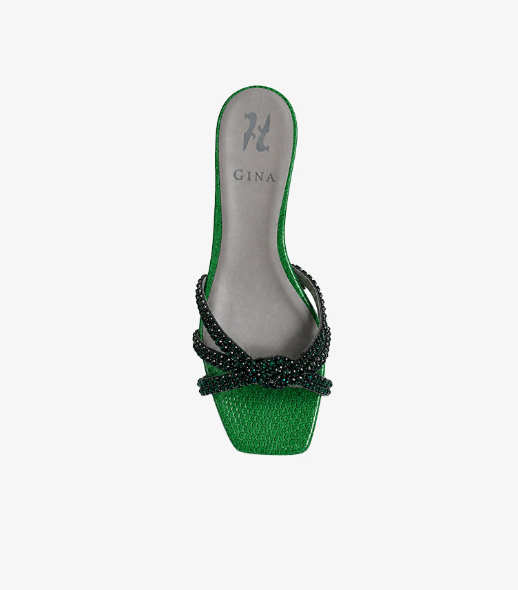 Top view of GINA green square-toe flat sandals with sparkling crystal straps