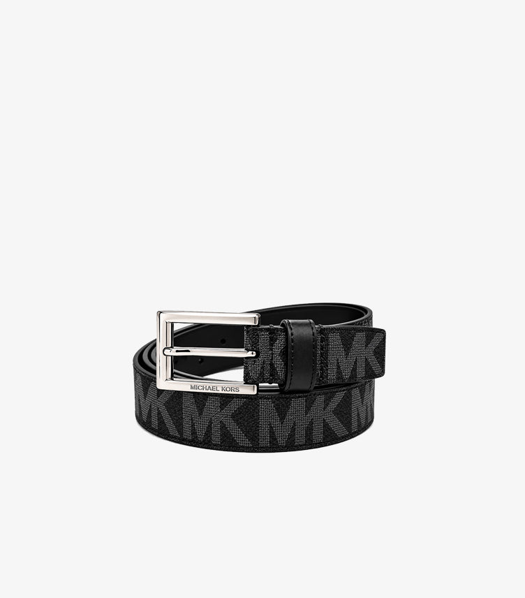 Michael Kors signature MK monogram designer belt with rectangular silver-tone buckle