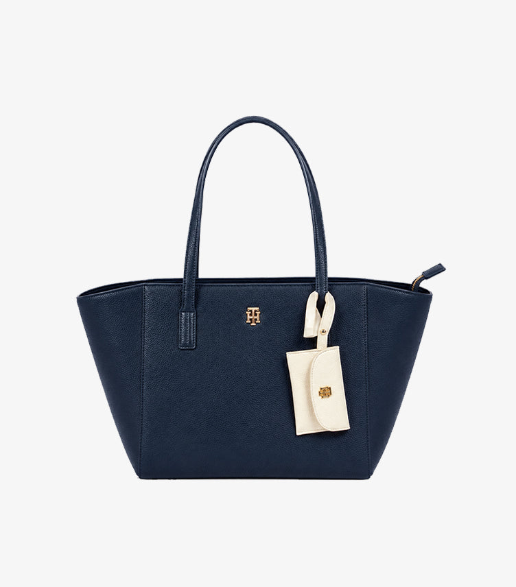 Tommy Hilfiger women's navy pebbled leather tote bag with removable pouch front view