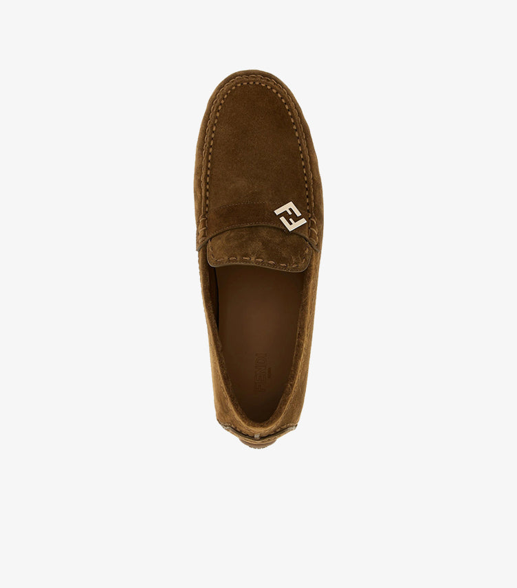 Top view of Fendi men's suede leather driving loafers featuring signature FF logo hardware.