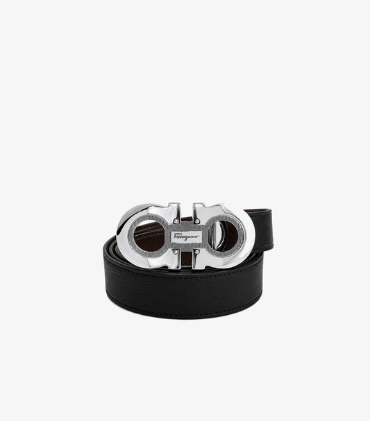 Salvatore Ferragamo Gancini reversible black leather belt coiled view