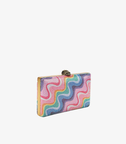 Angled view of Kurt Geiger structured crystal evening clutch showing its metal frame and eagle-head closure