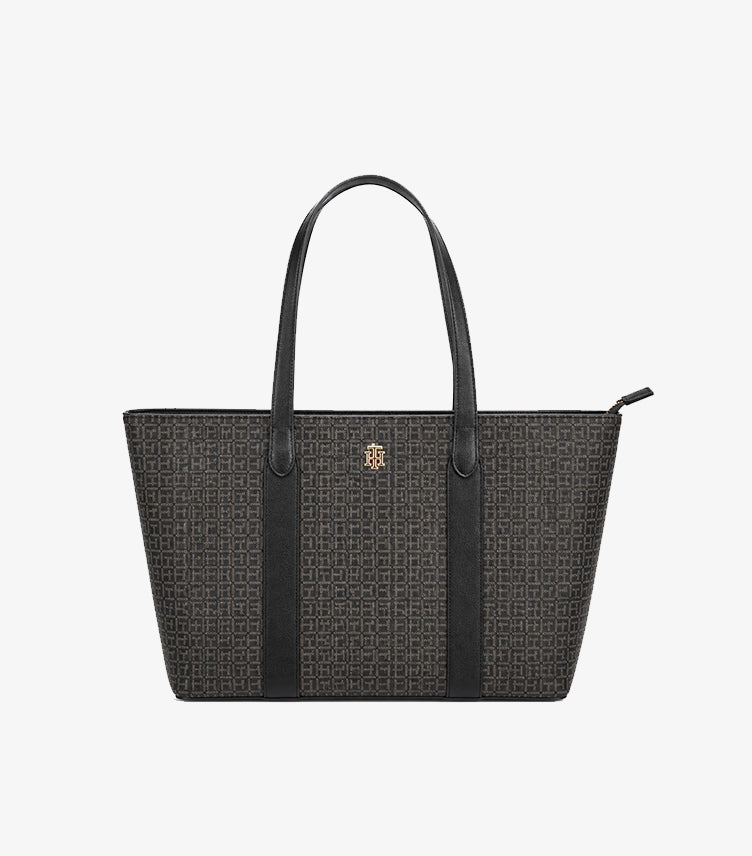 Tommy Hilfiger women's black monogram tote bag front view