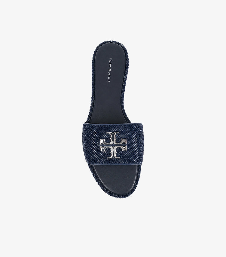 Tory Burch Women's Navy Designer Crystal Slide Sandal Top View with Double-T Logo Hardware