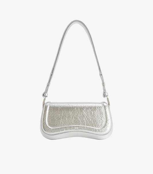 JW PEI Gabbi Shoulder Bag Silver Metallic Distressed Crinkle Leather Curved Flap Silhouette with Adjustable Strap – Front Product View