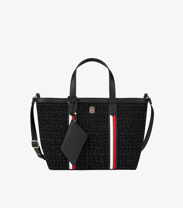 Tommy Hilfiger women's black monogram jacquard tote bag front view