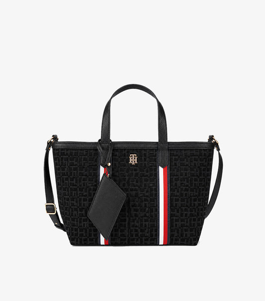 Tommy Hilfiger women's black monogram jacquard tote bag front view
