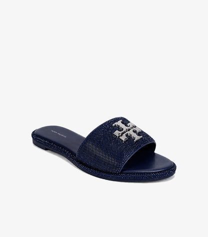 Tory Burch Navy Crystal Embellished Miller Flat Slide Sandal Angled Front View