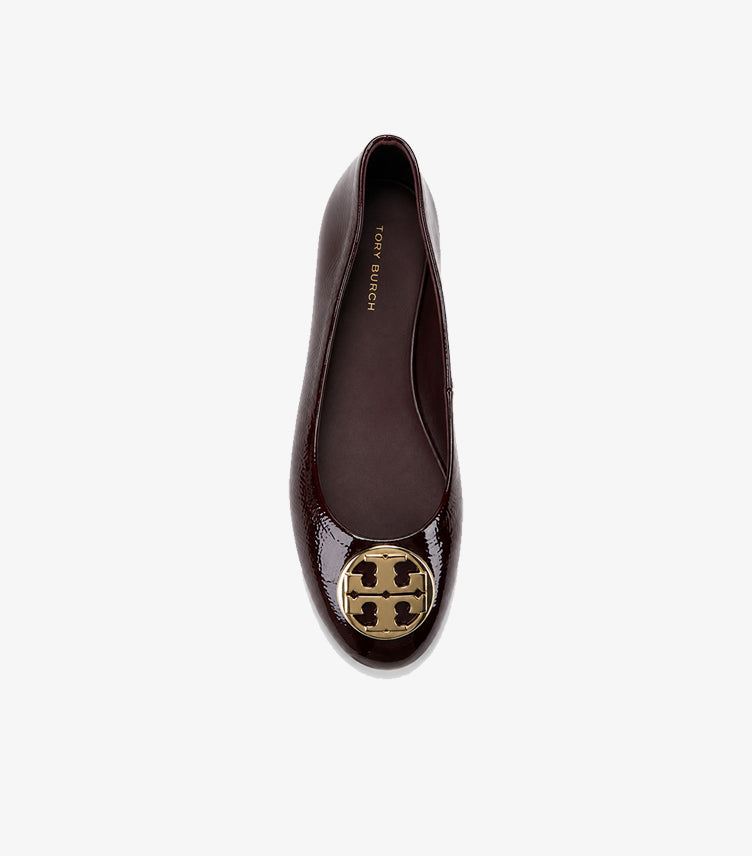 Tory Burch Claire Ballet Flat Burgundy Patent Leather – Top View Showing Gold Logo Medallion and Branded Insole