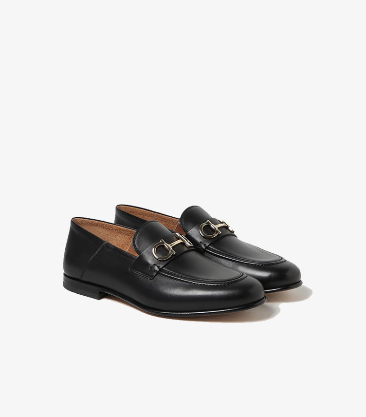 Pair of Ferragamo men’s black leather Gancini bit loafers in angled front view