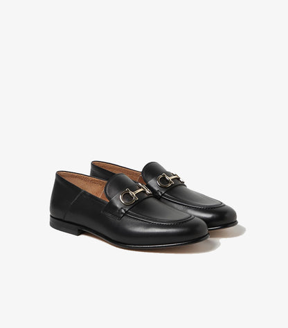 Pair of Ferragamo men’s black leather Gancini bit loafers in angled front view