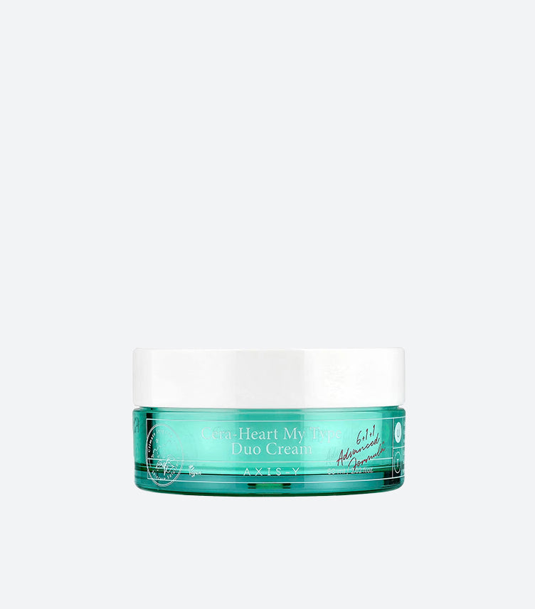 AXIS-Y Cera-Heart My Type Duo Cream 60ml in Teal Turquoise Glass Jar with White Lid – 6+1+1 Advanced Formula Vegan K-Beauty Korean Skincare Moisturiser – Product Jar Front View