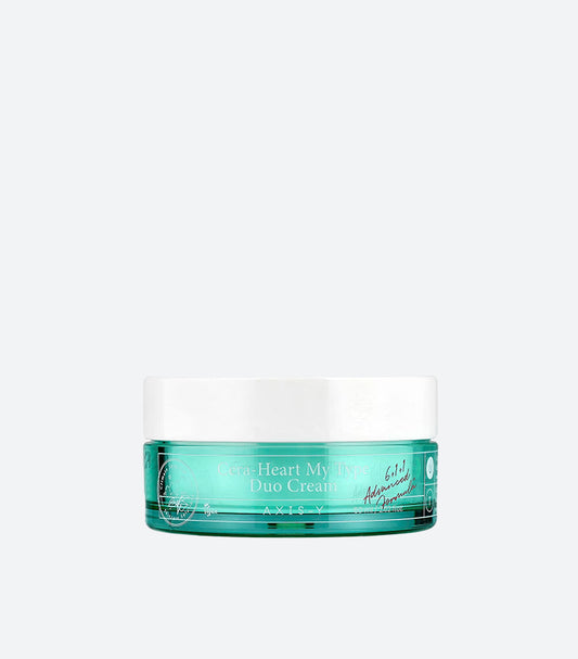AXIS-Y Cera-Heart My Type Duo Cream 60ml in Teal Turquoise Glass Jar with White Lid – 6+1+1 Advanced Formula Vegan K-Beauty Korean Skincare Moisturiser – Product Jar Front View