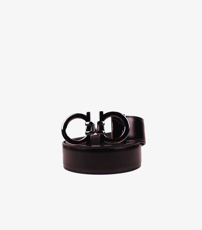 FERRAGAMO MEN’S GANCINI BLACK BUCKLE LEATHER BELT