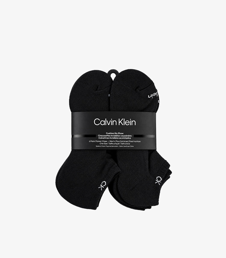 Calvin Klein six-pair pack of black cushioned no-show socks with contrasting CK logo details