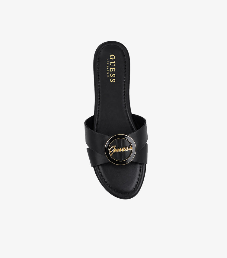 GUESS Women's Black Designer Slide Sandal Top View with Gold Logo Hardware