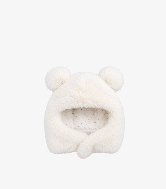 Front view of Zara baby ivory plush trapper hat with rounded bear ears, extended ear flaps and patterned lining