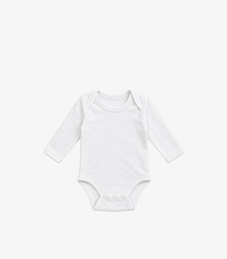 Front view of George baby plain white long-sleeve bodysuit with an envelope neckline and bottom popper fastenings