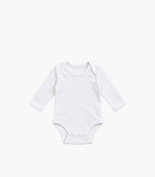 Front view of George baby plain white long-sleeve bodysuit with an envelope neckline and bottom popper fastenings