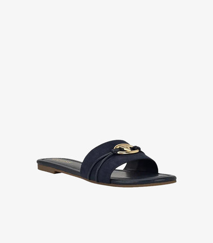 Angled front view of Guess navy blue open-toe slide sandal with crossover-style strap