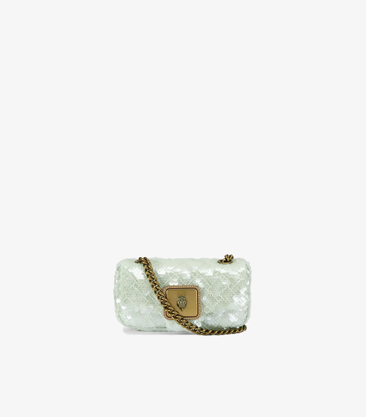Front view of Kurt Geiger London mint sequin micro bag with eagle-head clasp and chain strap