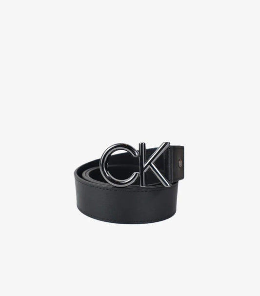 CALVIN KLEIN MEN’S BLACK LEATHER BELT WITH CK LOGO BUCKLE
