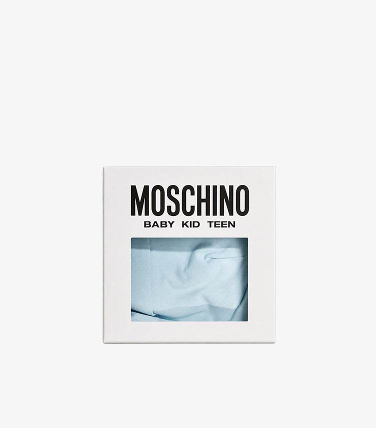 Moschino Baby Kid Teen blue baby hat and bib gift set in official branded gift box.